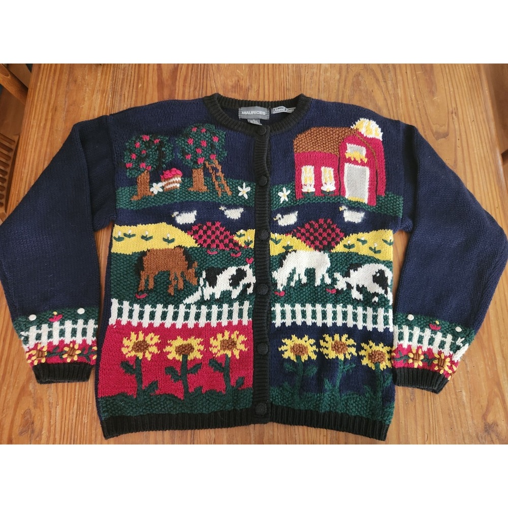 Maurices Hand Knit Farm Horse Sunflower Apple Tree Barn Cardigan Sweater Med Vtg